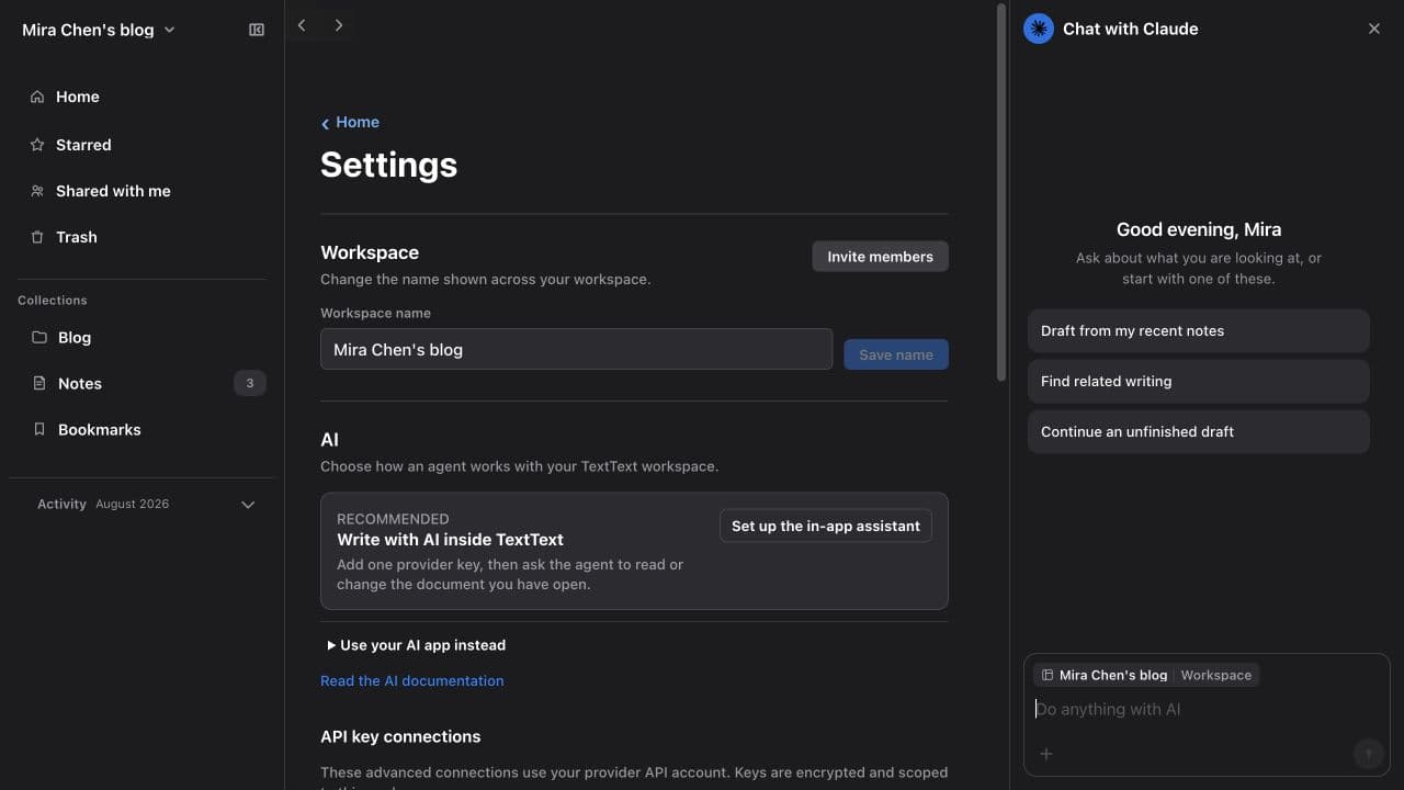 Mira Chen's TextText workspace showing the ready Chat with Claude sidebar beside AI settings